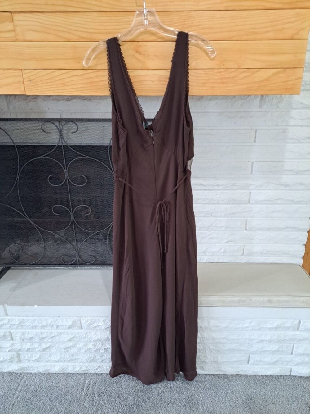 New Wild Fable Brown Lace Trim Maxi Dress Plunging V-Neckline Sheer Mesh M - Picture 8 of 15